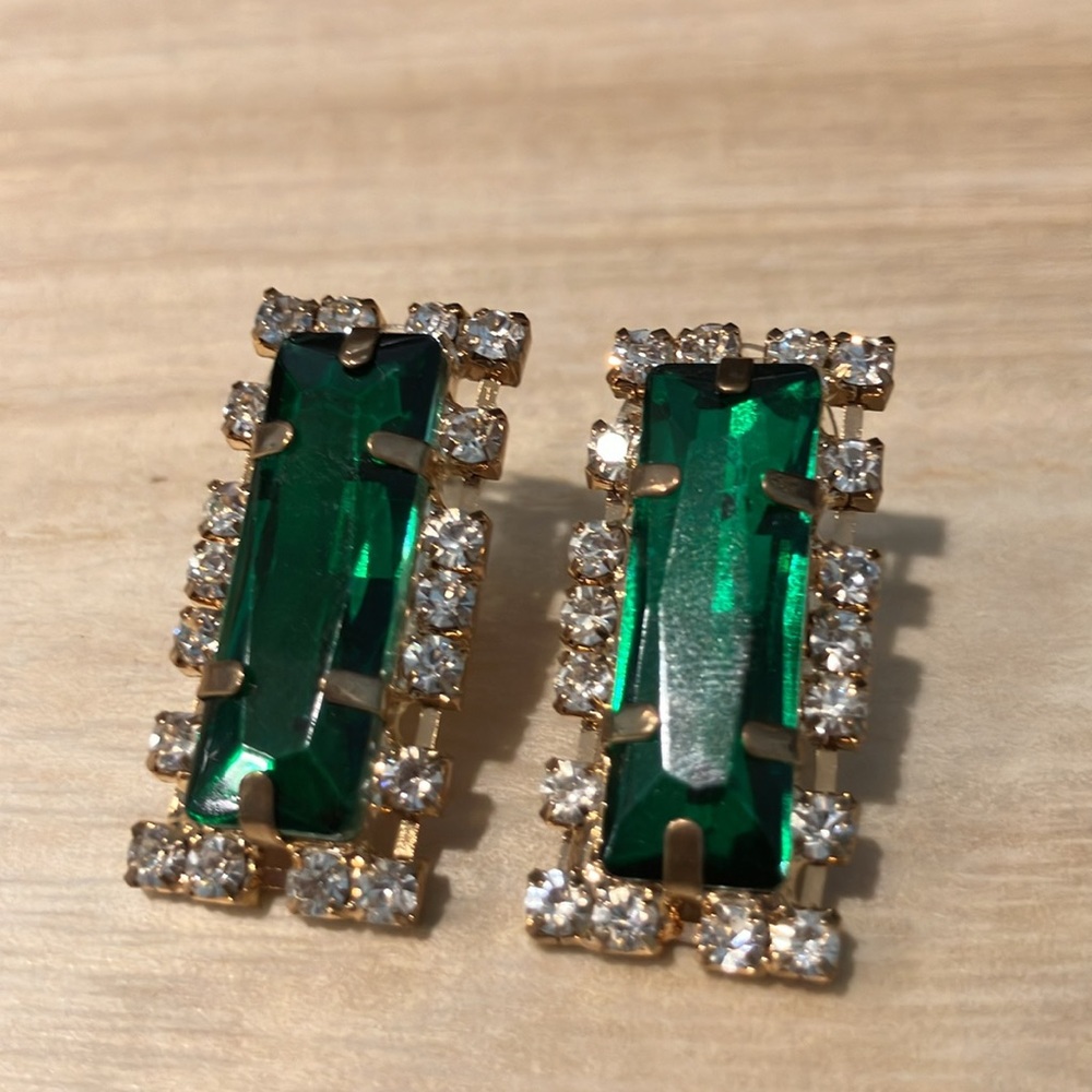 Green and Gold Earrings Rhinestones - Picture 3 of 7